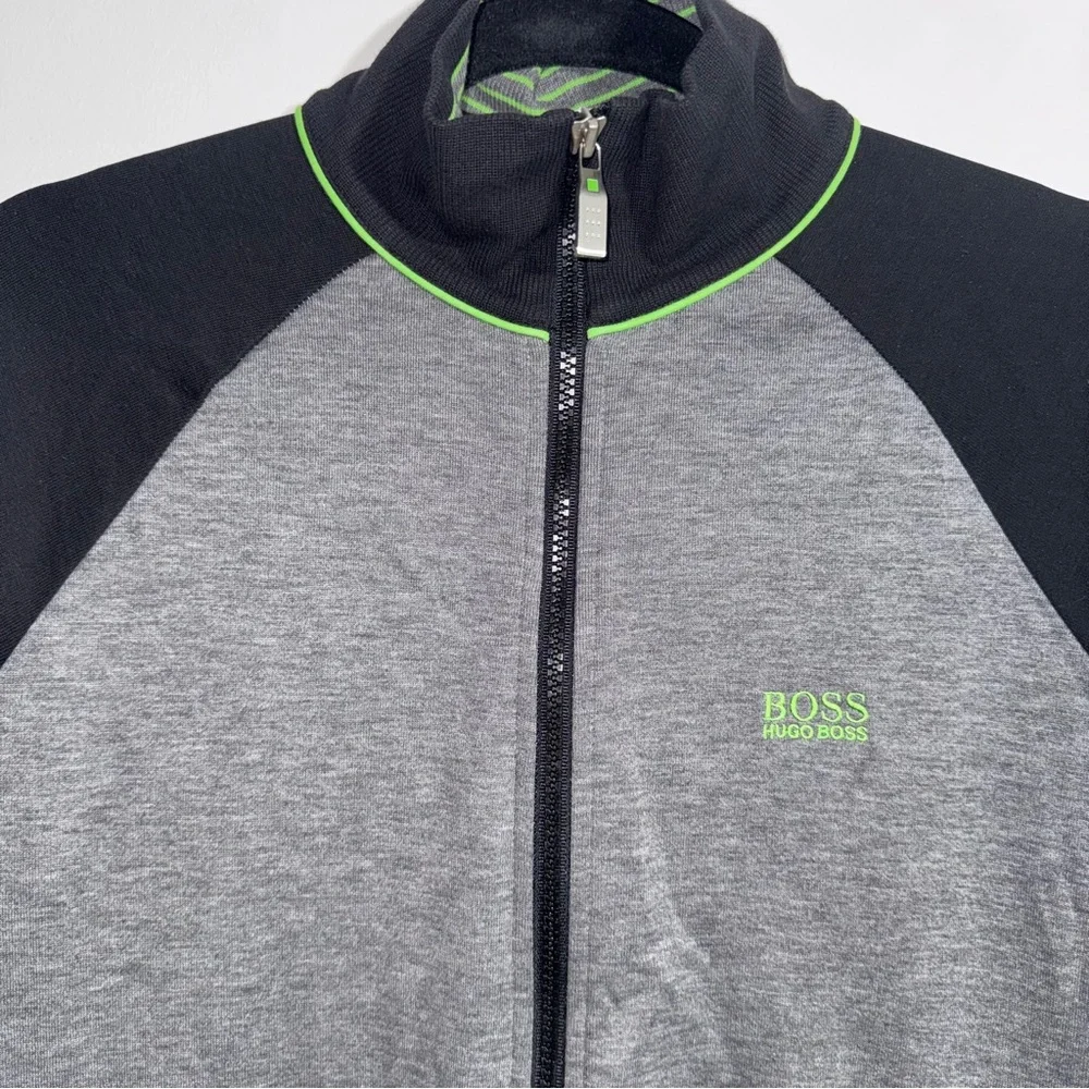 Hugo‎ Boss Full Zip Track Jacket Gray Black Green Trim Size Small